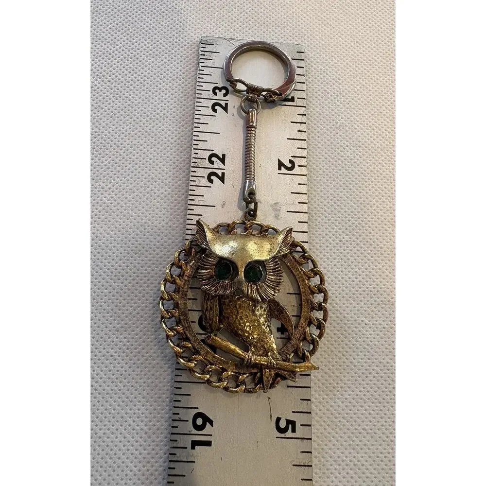 Vintage 1970s Estate Find Owl Keychain Green Rhinestone Eyes Figural Retro Boho